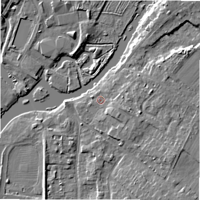 Shaded relief map of the ground around CV377BW, computed from Environment Agency LiDAR. The ground here sits at about 37 m above sea level and falls 8 m across the surrounding 800 m. Surface water reaching this point runs off ground lying to the east-south-east, 3.4 m higher.