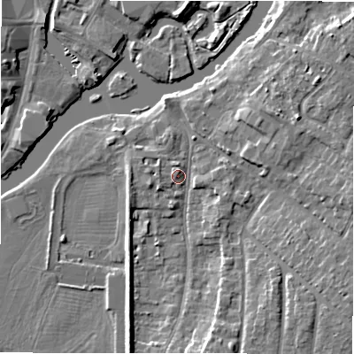 Shaded relief map of the ground around CV377LN, computed from Environment Agency LiDAR. The ground here sits at about 38 m above sea level and falls 8 m across the surrounding 800 m. Surface water reaching this point runs off ground lying to the north-west, 1.6 m higher.