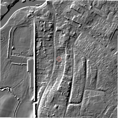 Shaded relief map of the ground around CV377LP, computed from Environment Agency LiDAR. The ground here sits at about 37 m above sea level and falls 10 m across the surrounding 800 m. Surface water reaching this point runs off ground lying to the south-south-east, 3.3 m higher.