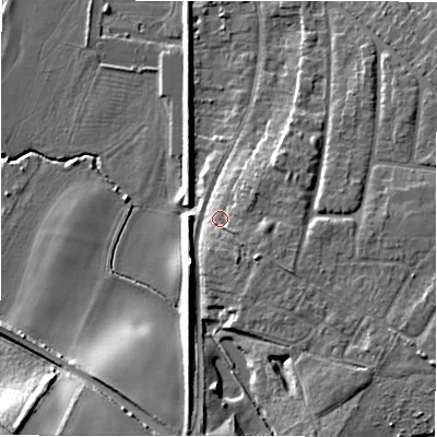 Shaded relief map of the ground around CV377LR, computed from Environment Agency LiDAR. The ground here sits at about 40 m above sea level and falls 16 m across the surrounding 800 m. Surface water reaching this point runs off ground lying to the east-south-east, 3.5 m higher.