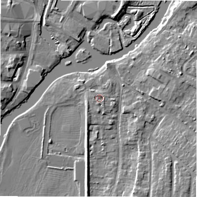 Shaded relief map of the ground around CV377LS, computed from Environment Agency LiDAR. The ground here sits at about 37 m above sea level and falls 8 m across the surrounding 800 m. Surface water reaching this point runs off ground lying to the south, 1.4 m higher.