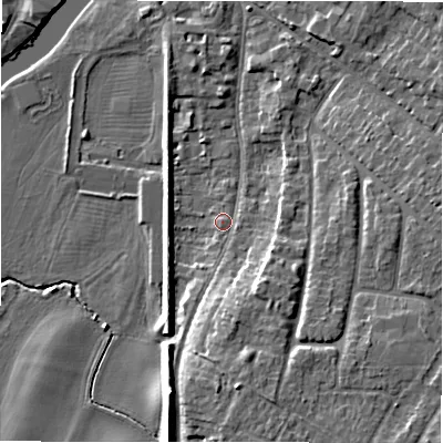 Shaded relief map of the ground around CV377LW, computed from Environment Agency LiDAR. The ground here sits at about 37 m above sea level and falls 10 m across the surrounding 800 m. Surface water reaching this point runs off ground lying to the south-south-east, 6.6 m higher.