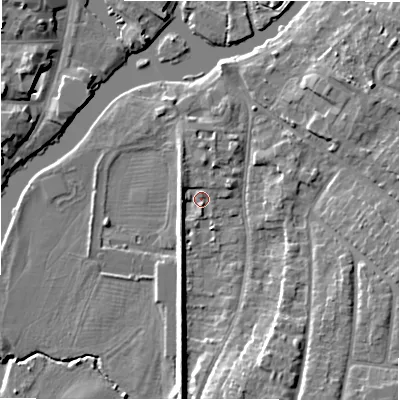 Shaded relief map of the ground around CV377PY, computed from Environment Agency LiDAR. The ground here sits at about 37 m above sea level and falls 9 m across the surrounding 800 m. Surface water reaching this point runs off ground lying to the west, 2.8 m higher.
