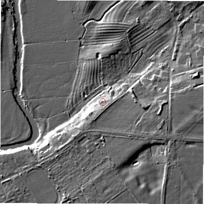 Shaded relief map of the ground around CV377QD, computed from Environment Agency LiDAR. The ground here sits at about 41 m above sea level and falls 11 m across the surrounding 800 m. Surface water reaching this point runs off ground lying to the south, 4.2 m higher.