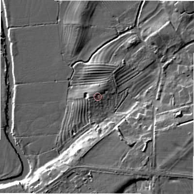 Shaded relief map of the ground around CV377QF, computed from Environment Agency LiDAR. The ground here sits at about 39 m above sea level and falls 11 m across the surrounding 800 m. Surface water reaching this point runs off ground lying to the north-west, 1.9 m higher.