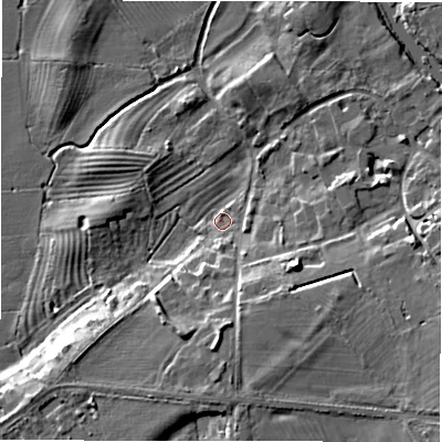 Shaded relief map of the ground around CV377QH, computed from Environment Agency LiDAR. The ground here sits at about 38 m above sea level and falls 10 m across the surrounding 800 m. Surface water reaching this point runs off ground lying to the south, 8.1 m higher.