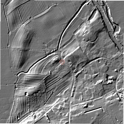 Shaded relief map of the ground around CV377QL, computed from Environment Agency LiDAR. The ground here sits at about 38 m above sea level and falls 10 m across the surrounding 800 m. Surface water reaching this point runs off ground lying to the east-north-east, 2.4 m higher.