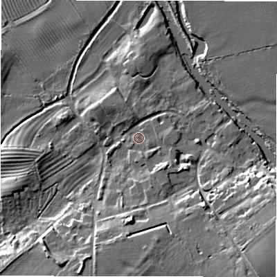 Shaded relief map of the ground around CV377QN, computed from Environment Agency LiDAR. The ground here sits at about 39 m above sea level and falls 13 m across the surrounding 800 m. Surface water reaching this point runs off ground lying to the south-east, 3.2 m higher.