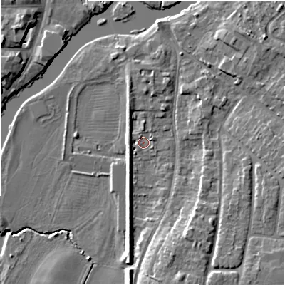 Shaded relief map of the ground around CV377QW, computed from Environment Agency LiDAR. The ground here sits at about 36 m above sea level and falls 10 m across the surrounding 800 m. Surface water reaching this point runs off ground lying to the east-north-east, 1.4 m higher.