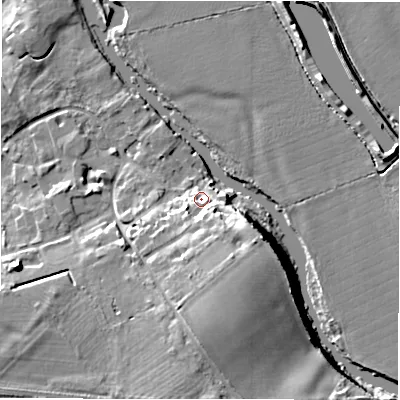 Shaded relief map of the ground around CV377QX, computed from Environment Agency LiDAR. The ground here sits at about 42 m above sea level and falls 14 m across the surrounding 800 m. Surface water reaching this point runs off ground lying to the south-east, 8.3 m higher.