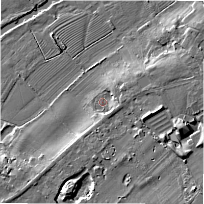Shaded relief map of the ground around CV377SA, computed from Environment Agency LiDAR. The ground here sits at about 38 m above sea level and falls 9 m across the surrounding 800 m. Surface water reaching this point runs off ground lying to the south-east, 6.4 m higher.