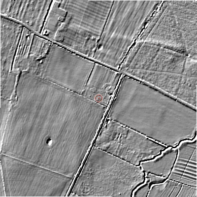 Shaded relief map of the ground around CV378AN, computed from Environment Agency LiDAR. The ground here sits at about 42 m above sea level and falls 5 m across the surrounding 800 m. Surface water reaching this point runs off ground lying to the south-south-west, 2.3 m higher.