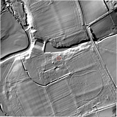 Shaded relief map of the ground around CV378BL, computed from Environment Agency LiDAR. The ground here sits at about 45 m above sea level and falls 23 m across the surrounding 800 m. Surface water reaching this point runs off ground lying to the east-south-east, 1.1 m higher.