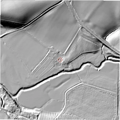 Shaded relief map of the ground around CV378BP, computed from Environment Agency LiDAR. The ground here sits at about 43 m above sea level and falls 19 m across the surrounding 800 m. Surface water reaching this point runs off ground lying to the north-north-east, 6.4 m higher.