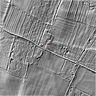Shaded relief map of the ground around CV378BQ, computed from Environment Agency LiDAR. The ground here sits at about 42 m above sea level and falls 8 m across the surrounding 800 m. Surface water reaching this point runs off ground lying to the west-north-west, 0.6 m higher.