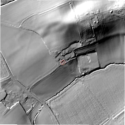 Shaded relief map of the ground around CV378BW, computed from Environment Agency LiDAR. The ground here sits at about 56 m above sea level and falls 30 m across the surrounding 800 m. Surface water reaching this point runs off ground lying to the north, 8.3 m higher.