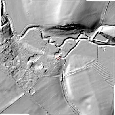 Shaded relief map of the ground around CV378DR, computed from Environment Agency LiDAR. The ground here sits at about 50 m above sea level and falls 21 m across the surrounding 800 m. Surface water reaching this point runs off ground lying to the south-west, 14.3 m higher.