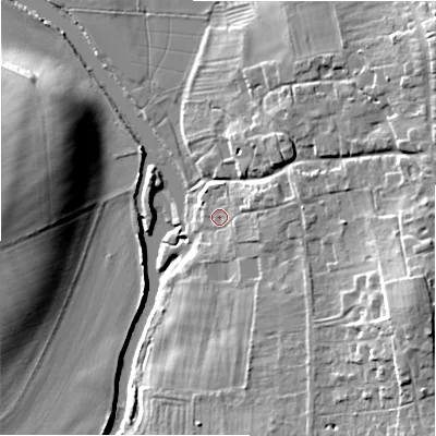 Shaded relief map of the ground around CV378EW, computed from Environment Agency LiDAR. The ground here sits at about 34 m above sea level and falls 19 m across the surrounding 800 m. Surface water reaching this point runs off ground lying to the east, 5.5 m higher.