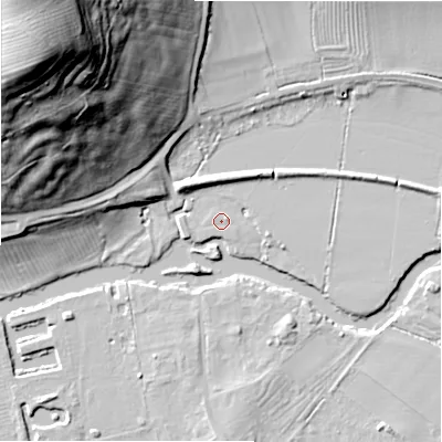Shaded relief map of the ground around CV378GG, computed from Environment Agency LiDAR. The ground here sits at about 32 m above sea level and falls 61 m across the surrounding 800 m. Surface water reaching this point runs off ground lying to the east-north-east, 1.7 m higher.