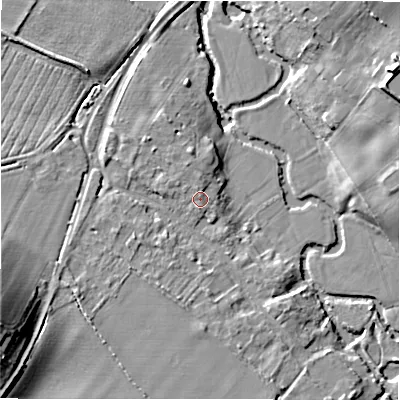Shaded relief map of the ground around CV378HR, computed from Environment Agency LiDAR. The ground here sits at about 39 m above sea level and falls 19 m across the surrounding 800 m. The ground contributing surface water to this point lies to the south-south-west.