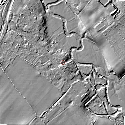 Shaded relief map of the ground around CV378HT, computed from Environment Agency LiDAR. The ground here sits at about 39 m above sea level and falls 14 m across the surrounding 800 m. Surface water reaching this point runs off ground lying to the south, 3.5 m higher.