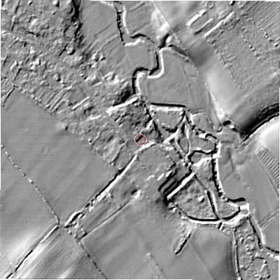 Shaded relief map of the ground around CV378HU, computed from Environment Agency LiDAR. The ground here sits at about 39 m above sea level and falls 16 m across the surrounding 800 m. Surface water reaching this point runs off ground lying to the south-west, 12.7 m higher.