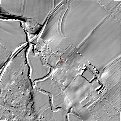 Shaded relief map of the ground around CV378HW, computed from Environment Agency LiDAR. The ground here sits at about 41 m above sea level and falls 20 m across the surrounding 800 m. Surface water reaching this point runs off ground lying to the north-east, 4.1 m higher.