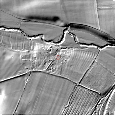 Shaded relief map of the ground around CV378JG, computed from Environment Agency LiDAR. The ground here sits at about 38 m above sea level and falls 19 m across the surrounding 800 m. Surface water reaching this point runs off ground lying to the south, 2.8 m higher.
