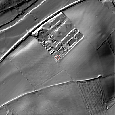 Shaded relief map of the ground around CV378JJ, computed from Environment Agency LiDAR. The ground here sits at about 46 m above sea level and falls 23 m across the surrounding 800 m. Surface water reaching this point runs off ground lying to the south-south-east, 11.2 m higher.