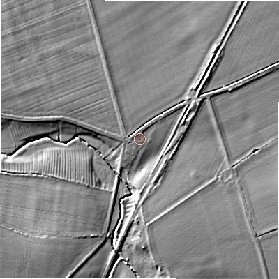 Shaded relief map of the ground around CV378JW, computed from Environment Agency LiDAR. The ground here sits at about 38 m above sea level and falls 9 m across the surrounding 800 m. Surface water reaching this point runs off ground lying to the north-north-east, 1.9 m higher.