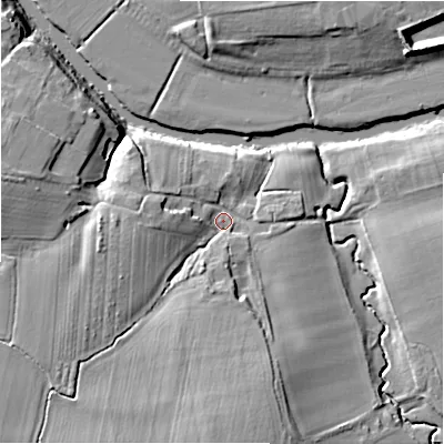 Shaded relief map of the ground around CV378JY, computed from Environment Agency LiDAR. The ground here sits at about 35 m above sea level and falls 14 m across the surrounding 800 m. Surface water reaching this point runs off ground lying to the south, 9.7 m higher.