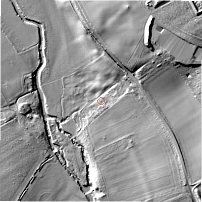 Shaded relief map of the ground around CV378ND, computed from Environment Agency LiDAR. The ground here sits at about 41 m above sea level and falls 25 m across the surrounding 800 m. Surface water reaching this point runs off ground lying to the north-north-east, 22.0 m higher.