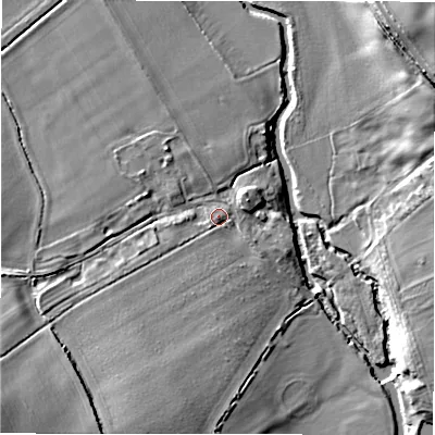 Shaded relief map of the ground around CV378NE, computed from Environment Agency LiDAR. The ground here sits at about 42 m above sea level and falls 24 m across the surrounding 800 m. Surface water reaching this point runs off ground lying to the west-south-west, 12.0 m higher.