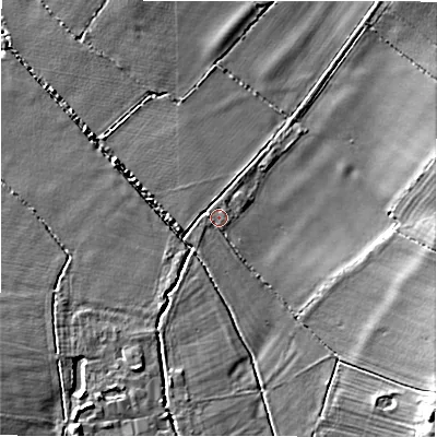 Shaded relief map of the ground around CV378NH, computed from Environment Agency LiDAR. The ground here sits at about 50 m above sea level and falls 12 m across the surrounding 800 m. Surface water reaching this point runs off ground lying to the south-south-east, 2.1 m higher.