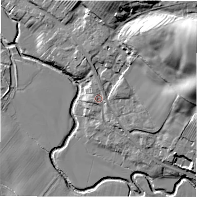 Shaded relief map of the ground around CV378NY, computed from Environment Agency LiDAR. The ground here sits at about 48 m above sea level and falls 46 m across the surrounding 800 m. Surface water reaching this point runs off ground lying to the north, 1.5 m higher.