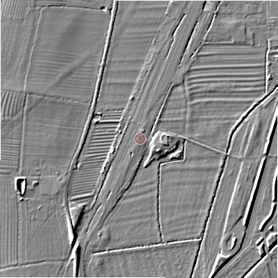 Shaded relief map of the ground around CV378PL, computed from Environment Agency LiDAR. The ground here sits at about 46 m above sea level and falls 9 m across the surrounding 800 m. Surface water reaching this point runs off ground lying to the south-south-west, 1.2 m higher.