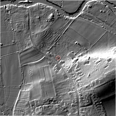 Shaded relief map of the ground around CV378PP, computed from Environment Agency LiDAR. The ground here sits at about 33 m above sea level and falls 22 m across the surrounding 800 m. Surface water reaching this point runs off ground lying to the east-south-east, 19.3 m higher.