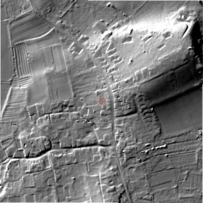 Shaded relief map of the ground around CV378PT, computed from Environment Agency LiDAR. The ground here sits at about 41 m above sea level and falls 23 m across the surrounding 800 m. Surface water reaching this point runs off ground lying to the east-north-east, 8.5 m higher.