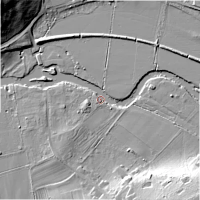 Shaded relief map of the ground around CV378PW, computed from Environment Agency LiDAR. The ground here sits at about 33 m above sea level and falls 30 m across the surrounding 800 m. Surface water reaching this point runs off ground lying to the south-east, 19.0 m higher.