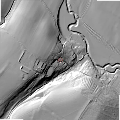 Shaded relief map of the ground around CV378UE, computed from Environment Agency LiDAR. The ground here sits at about 54 m above sea level and falls 28 m across the surrounding 800 m. Surface water reaching this point runs off ground lying to the west-north-west, 13.5 m higher.