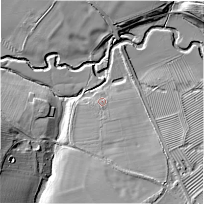 Shaded relief map of the ground around CV378UG, computed from Environment Agency LiDAR. The ground here sits at about 49 m above sea level and falls 17 m across the surrounding 800 m. Surface water reaching this point runs off ground lying to the south-south-east, 2.3 m higher.