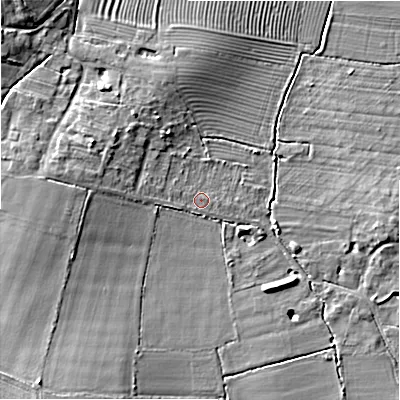 Shaded relief map of the ground around CV378XT, computed from Environment Agency LiDAR. The ground here sits at about 46 m above sea level and falls 10 m across the surrounding 800 m. Surface water reaching this point runs off ground lying to the west, 2.1 m higher.