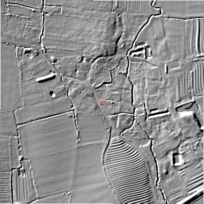 Shaded relief map of the ground around CV378XY, computed from Environment Agency LiDAR. The ground here sits at about 46 m above sea level and falls 8 m across the surrounding 800 m. Surface water reaching this point runs off ground lying to the south, 5.3 m higher.