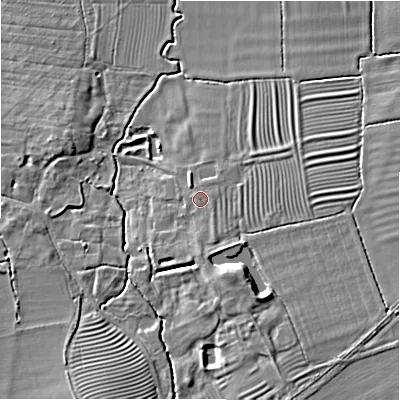 Shaded relief map of the ground around CV378XZ, computed from Environment Agency LiDAR. The ground here sits at about 48 m above sea level and falls 8 m across the surrounding 800 m. Surface water reaching this point runs off ground lying to the south, 1.8 m higher.