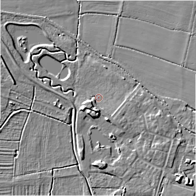 Shaded relief map of the ground around CV378YH, computed from Environment Agency LiDAR. The ground here sits at about 45 m above sea level and falls 10 m across the surrounding 800 m. Surface water reaching this point runs off ground lying to the south, 6.3 m higher.