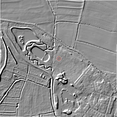 Shaded relief map of the ground around CV378YL, computed from Environment Agency LiDAR. The ground here sits at about 44 m above sea level and falls 9 m across the surrounding 800 m. Surface water reaching this point runs off ground lying to the east-north-east, 0.5 m higher.