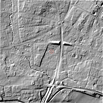 Shaded relief map of the ground around CV379AG, computed from Environment Agency LiDAR. The ground here sits at about 38 m above sea level and falls 10 m across the surrounding 800 m. Surface water reaching this point runs off ground lying to the north-east, 8.2 m higher.