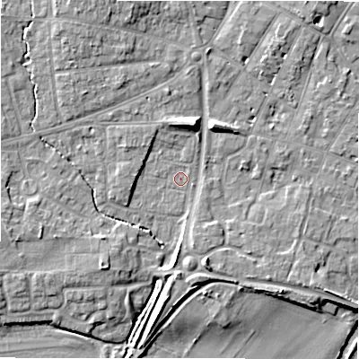 Shaded relief map of the ground around CV379AH, computed from Environment Agency LiDAR. The ground here sits at about 37 m above sea level and falls 11 m across the surrounding 800 m. Surface water reaching this point runs off ground lying to the south-west, 5.2 m higher.