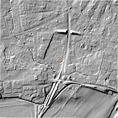 Shaded relief map of the ground around CV379AJ, computed from Environment Agency LiDAR. The ground here sits at about 37 m above sea level and falls 11 m across the surrounding 800 m. Surface water reaching this point runs off ground lying to the south-west, 4.9 m higher.
