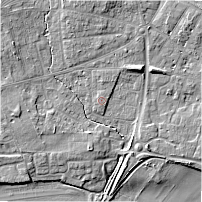 Shaded relief map of the ground around CV379AP, computed from Environment Agency LiDAR. The ground here sits at about 39 m above sea level and falls 10 m across the surrounding 800 m. Surface water reaching this point runs off ground lying to the north-north-east, 0.5 m higher.